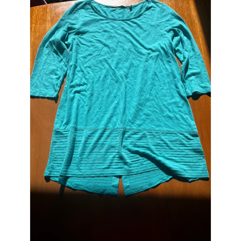 Soft Surroundings Teal Blue Slub Knit Button Back 3/4 Sleeve Tunic Top Womens XS